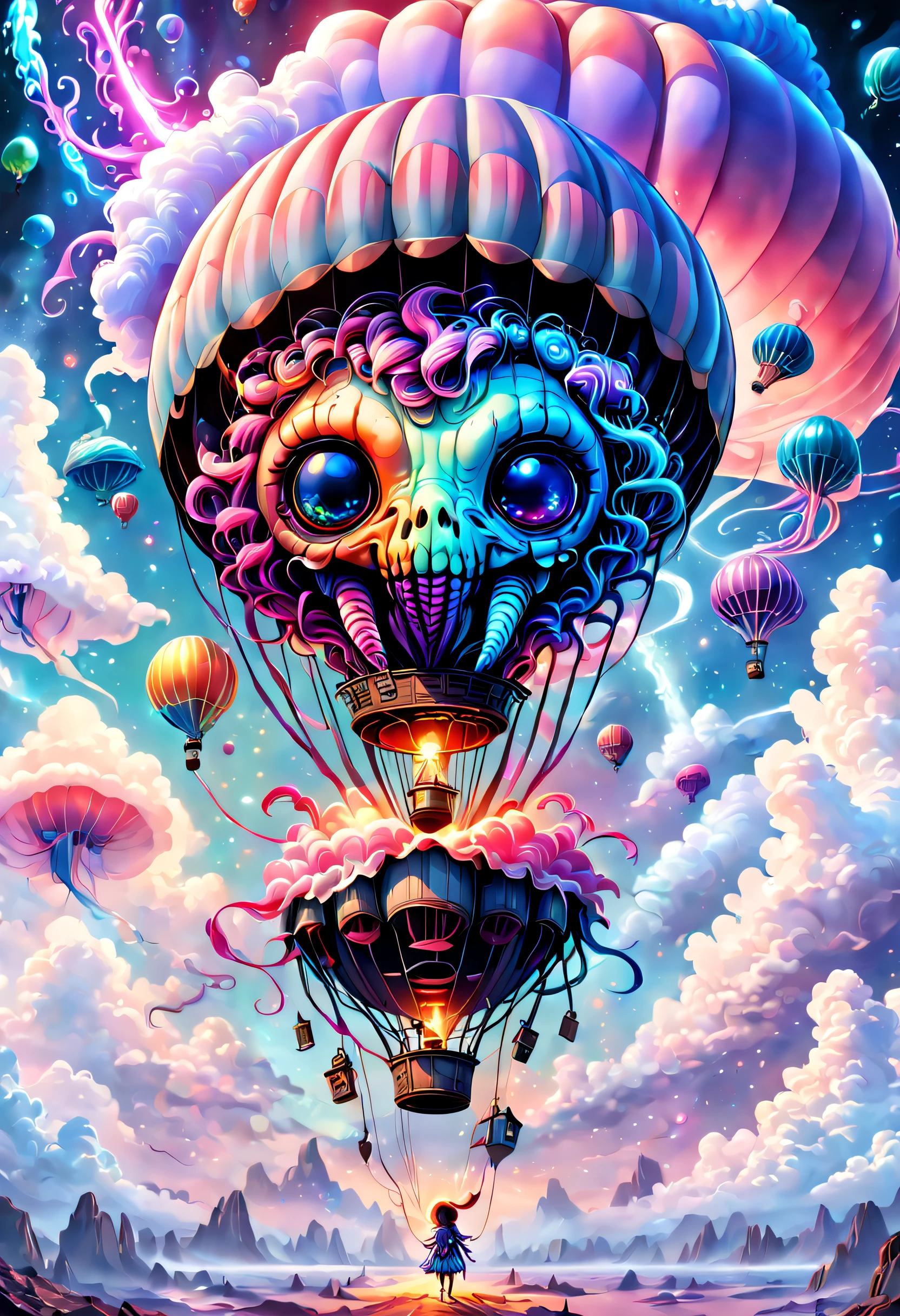 （（tmasterpiece，best qualtiy）），Beautiful 8K Ultra HD professional photos, Sharp focus, In a stunning fantasy world, A strange hot air balloon,Colorful,A hot air balloon in the shape of a cute jellyfish，In the clouds,beautiful sky,Surreal,Epic dreams,a fairy world,illustration,High quality,3D rendering of,Ultra-detailed,Photorealistic,Vibrant colors,Stunning lighting，anatomy correct，Interstellar，Endless space，ssee-through，depth of fields，Magnificent space image scene