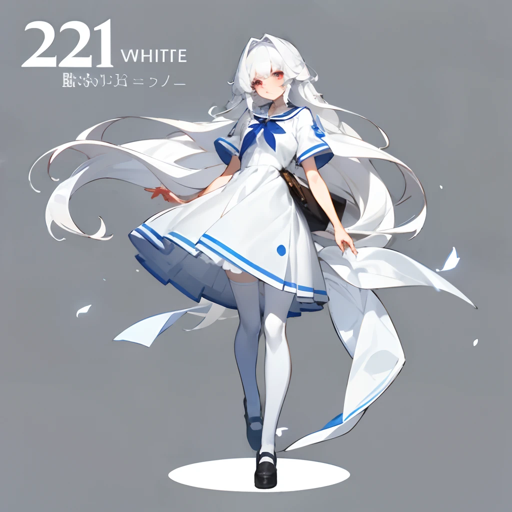 Long white hair，White dress，22 year old schoolgirl full body in white stockings
