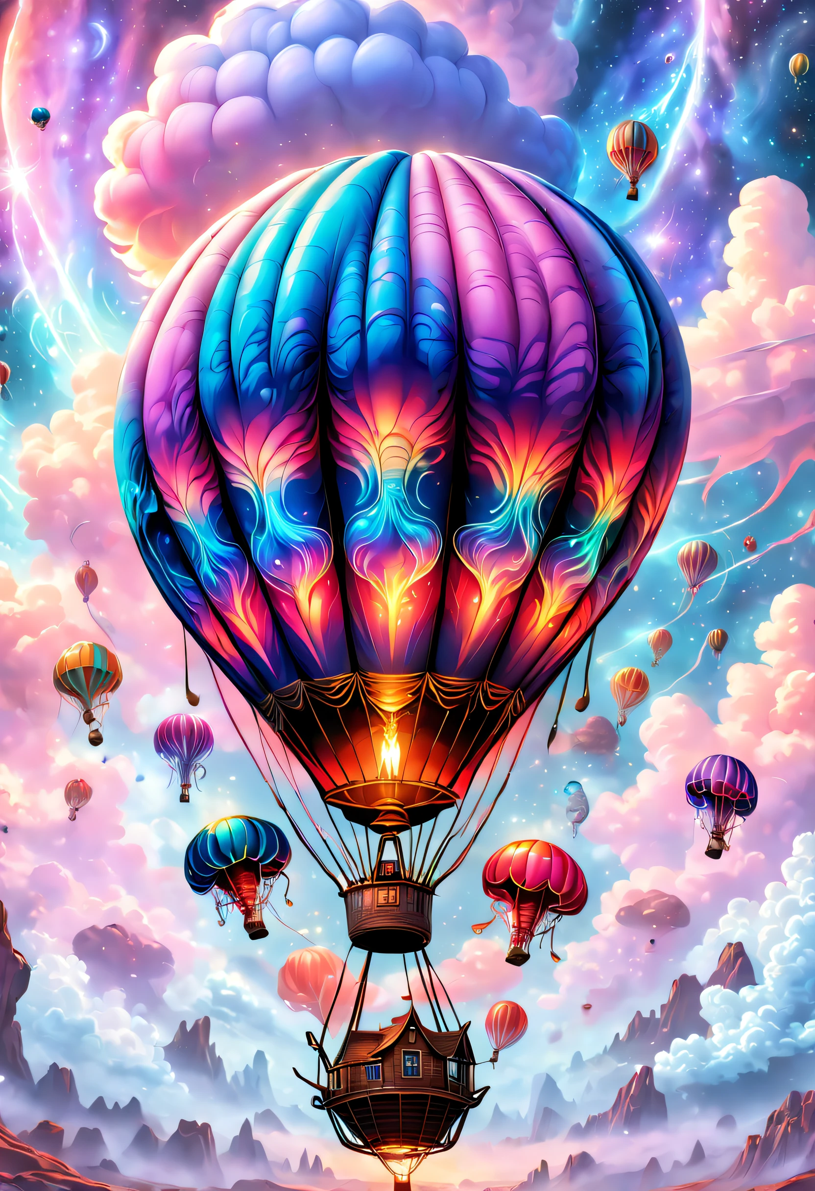 （（tmasterpiece，best qualtiy）），Beautiful 8K Ultra HD professional photos, Sharp focus, In a stunning fantasy world, A strange hot air balloon,Colorful,A hot air balloon in the shape of a cute jellyfish，In the clouds,beautiful sky,Surreal,Epic dreams,a fairy world,illustration,High quality,3D rendering of,Ultra-detailed,Photorealistic,Vibrant colors,Stunning lighting，anatomy correct，Interstellar，Endless space，ssee-through，depth of fields，Magnificent space image scene