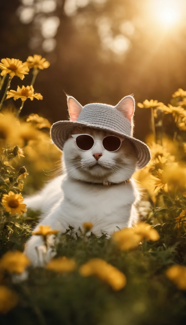 English short silver gradient cat in cute pet clothes, woolen hat, sunglasses， rays of sunshine，heal，Lie on a lawn with flowers
