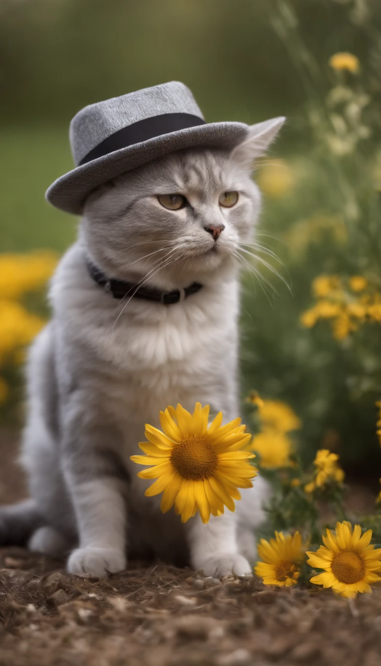 English short silver gradient cat in cute pet clothes, woolen hat, sunglasses， rays of sunshine，heal，Lie on a lawn with flowers