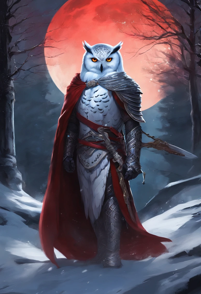 Anthropomorphic snowy owl wearing black leather armor a dark red cloak and a red scarf holding a scimitar. Dark forest at night in front of a huge moon