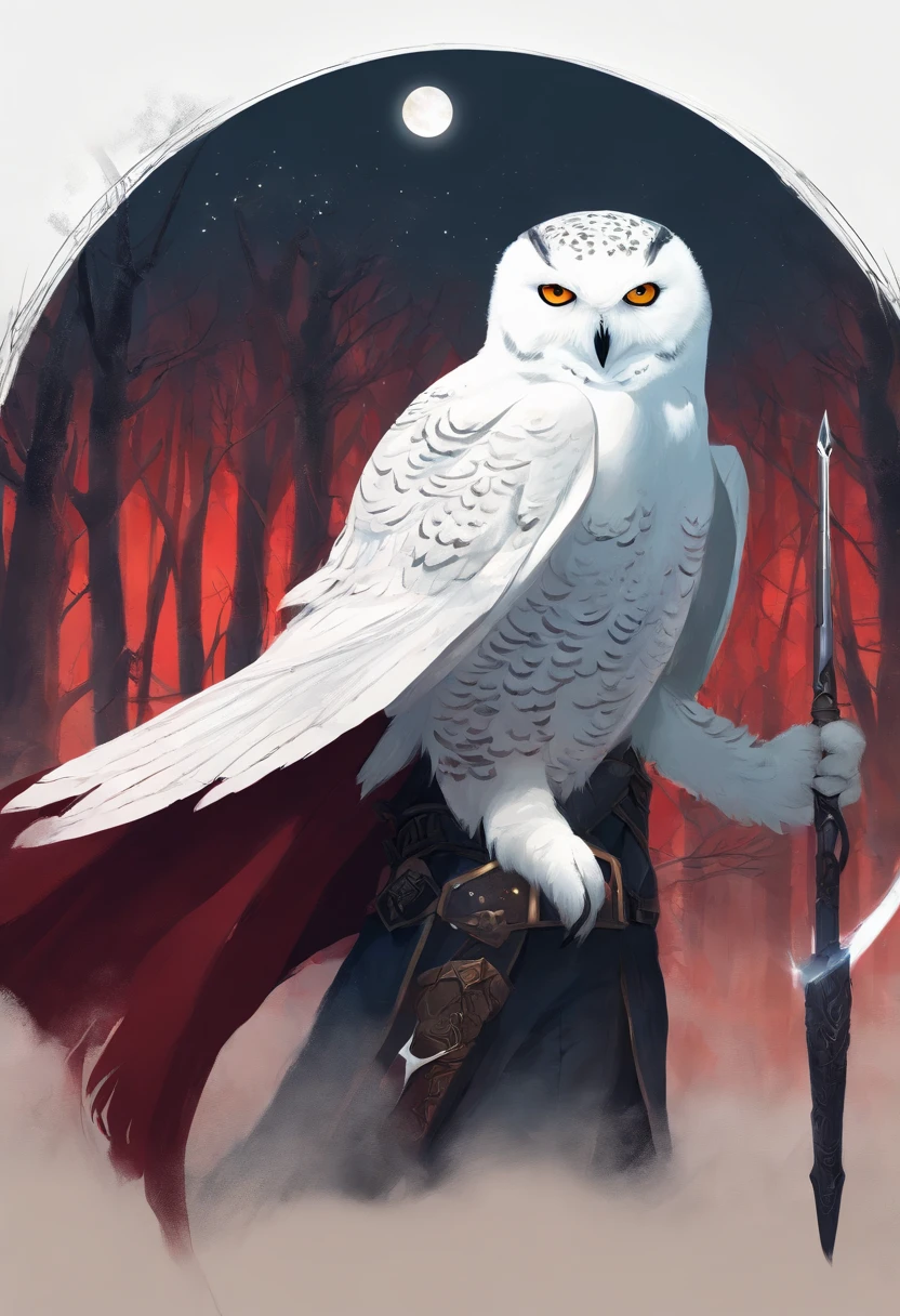 Anthropomorphic snowy owl wearing black leather armor a dark red cloak and a red scarf holding a scimitar. Dark forest at night in front of a huge moon