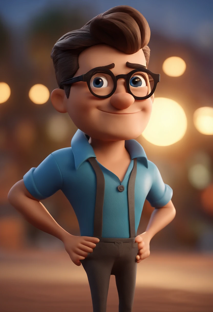 Cartoon character of a man with black glasses and a blue shirt, animation character, Caractere estilizado, animation style rendering, 3D estilizado, Arnold Maya render, 3 d render stylized, toon render keyshot, Personagem 3D, Personagem 3D, 3d rendering stylized, 3 d character render, personagem de desenho animado, Personagem de close up, Pose de personagem,  (Estilo Pixar) (master part:1.2) (Bokeh) (best quality) (pele detalhada) (textura detalhada) (8k) (argila) (Cinematic lighting) (foco nítido
