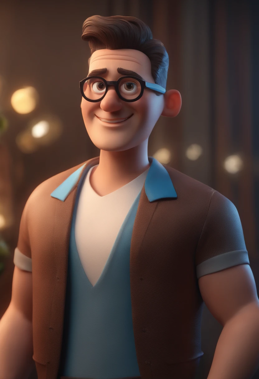 Cartoon character of a man with black glasses and a blue shirt, animation character, Caractere estilizado, animation style rendering, 3D estilizado, Arnold Maya render, 3 d render stylized, toon render keyshot, Personagem 3D, Personagem 3D, 3d rendering stylized, 3 d character render, personagem de desenho animado, Personagem de close up, Pose de personagem, (Estilo Pixar) (master part:1.2) (Bokeh) (best quality) (pele detalhada) (textura detalhada) (8k) (argila) (Cinematic lighting) (foco nítido