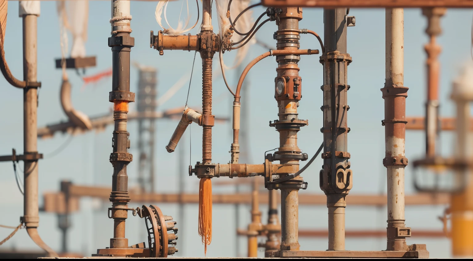 a heavily distorted, fading midday clear sky, multiple object s comprised of contorted feathers/machinery/pipes/rusted components is floating in the air, steel wires are weaving in and out between objects, vibrant light orange colored tubing, amorphous dark material is being warped and torn into remnants, extra detail, 4kHD details, best resolution, surrealistic composition, extreme camera angle, motion blur, depth of field, foreshortening, tilted camera angle, cinematic lighting, movie scene, precise details, intense details, panoramic image
