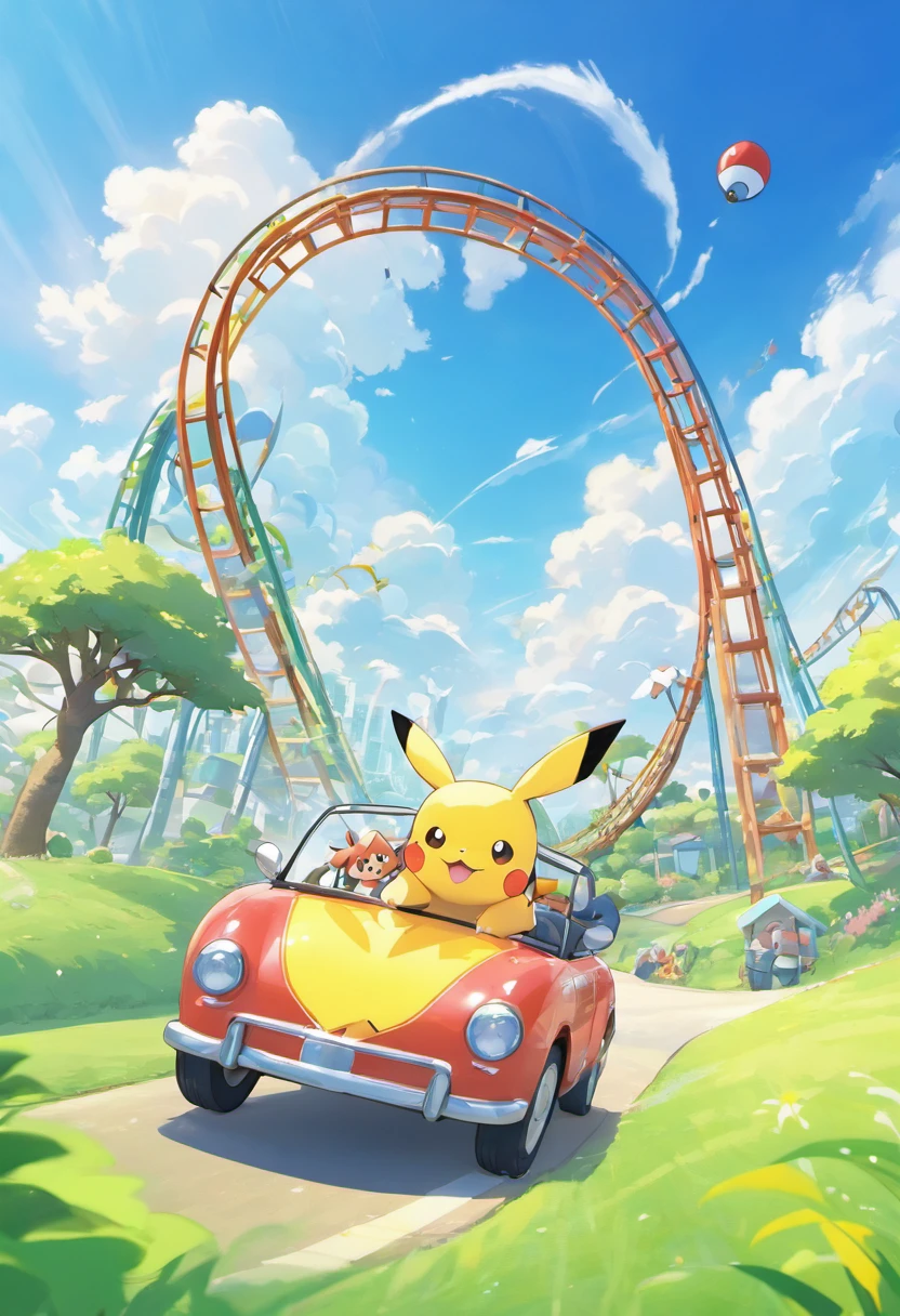 3d modeling poster, an oversized roller coaster rushing out of the scene, super perspective, empty seats on the car, through the grass, cartoon buildings in the background, light blue sky, white clouds, c4d, oc renderer, high definition