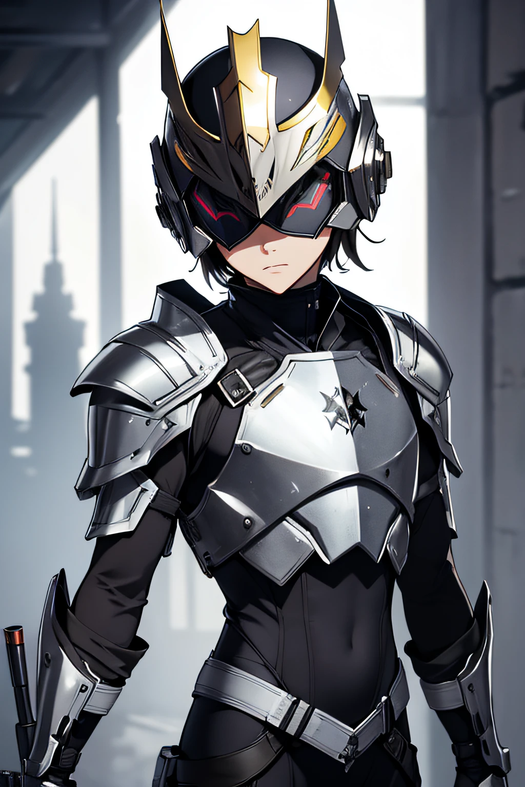 artistic,anime,portraits,vivid colors,boy,teenager,templars,metallic body armor,metallic helmet,metallic face shield covering eyes,beautiful detailed eyes,modern standing pose,eye shield,holding assault rifle,short hair,graceful costume,sharp focus