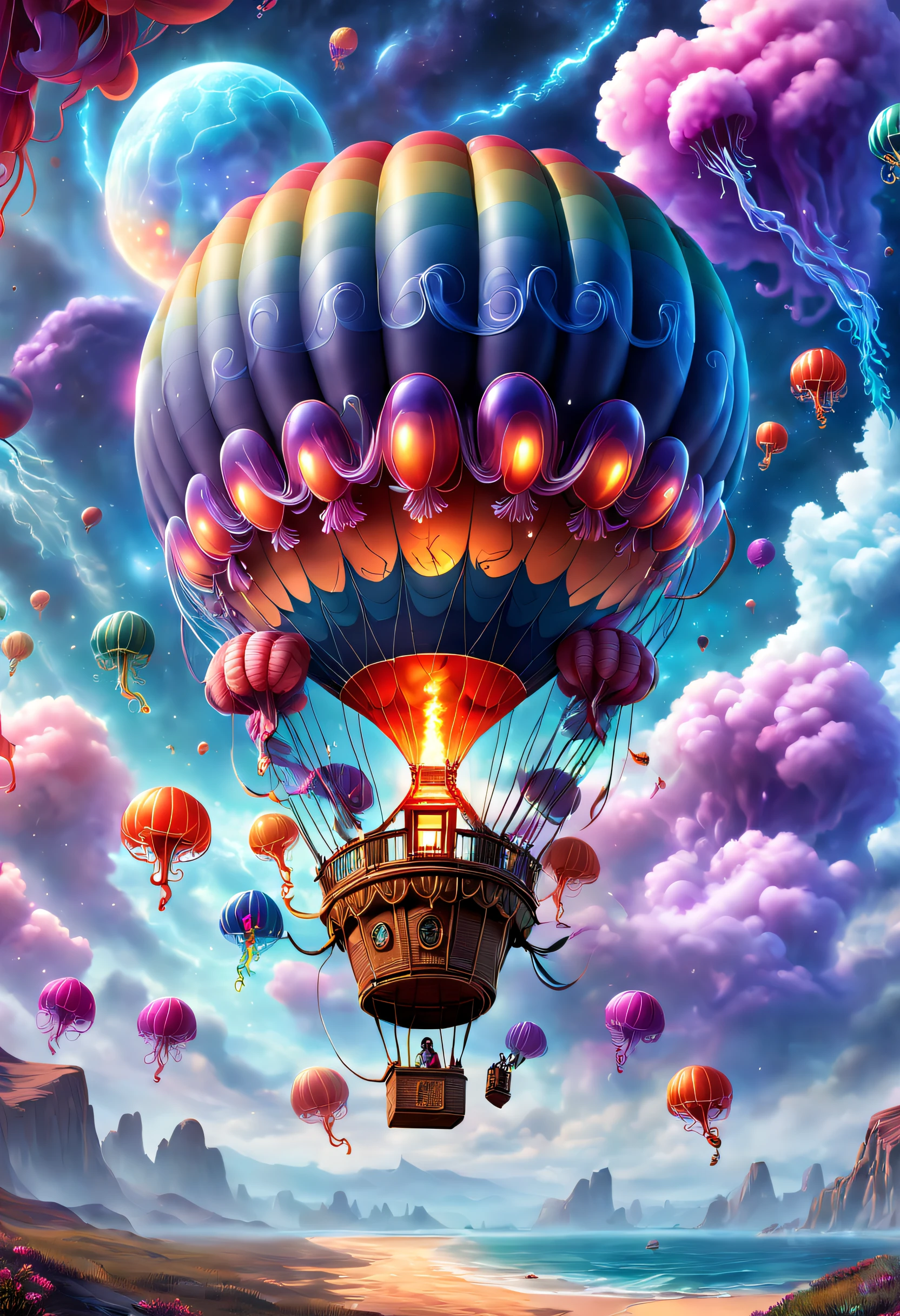 （（tmasterpiece，best qualtiy）），Beautiful 8K Ultra HD professional photos, Sharp focus, In a stunning fantasy world, A strange hot air balloon,Colorful,A hot air balloon in the shape of a cute jellyfish，In the clouds,beautiful sky,Surreal,Epic dreams,a fairy world,illustration,High quality,3D rendering of,Ultra-detailed,Photorealistic,Vibrant colors,Stunning lighting，anatomy correct，Interstellar，Endless space，ssee-through，depth of fields，Magnificent space image scene