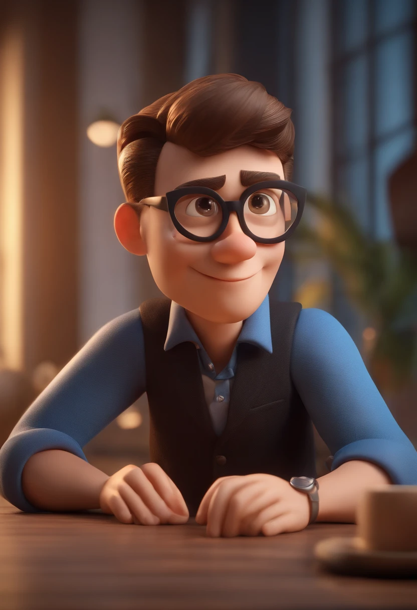Cartoon character of a man wearing black glasses and a blue shirt, um personagem animado, Caractere estilizado, animation style rendering, 3D estilizado, Arnold Maya render, 3 d render stylized, toon render keyshot, Personagem 3D, Personagem 3D, 3d rendering stylized, 3 d character render, personagem de desenho animado, Personagem de close up, Pose de personagem, (Estilo Pixar) (master part:1.2) (Bokeh) (best quality) (pele detalhada) (textura detalhada) (8k) (argila) (Cinematic lighting) (foco nítido,Senta e vaza a parte superior do corpo
