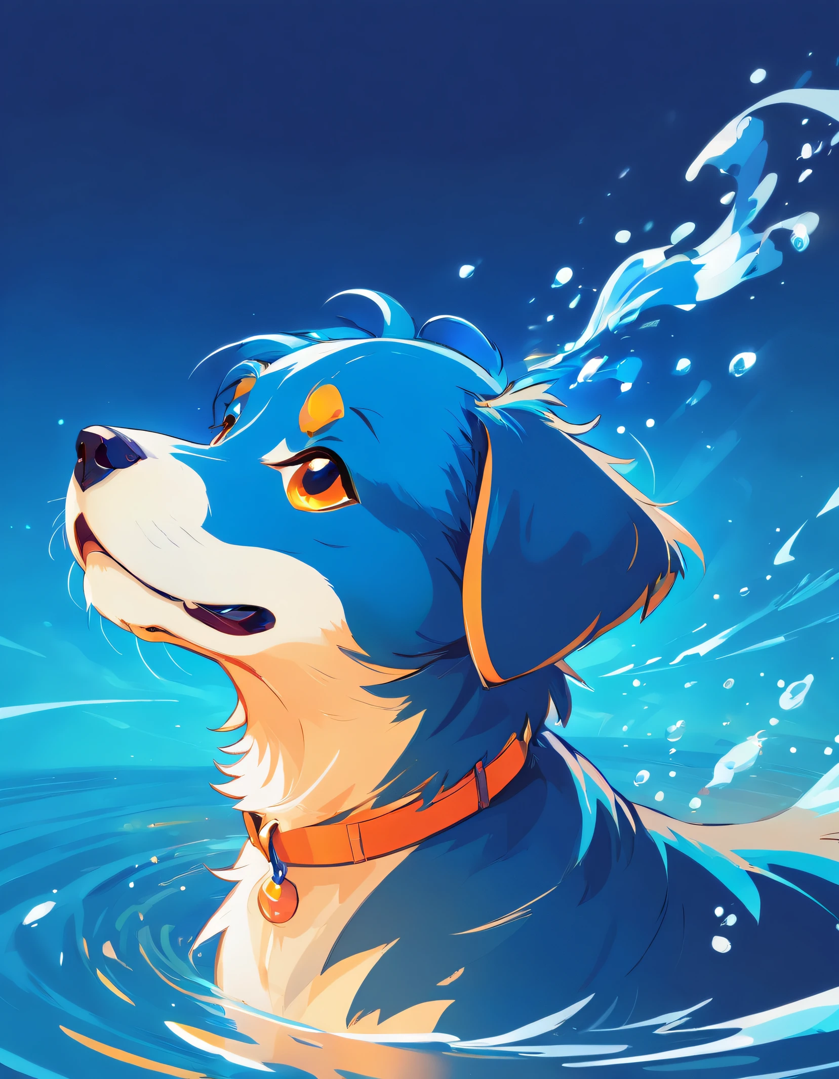 An emblematic logo of an dog of vibrant colors, water elements, simple design, vector art, minimal