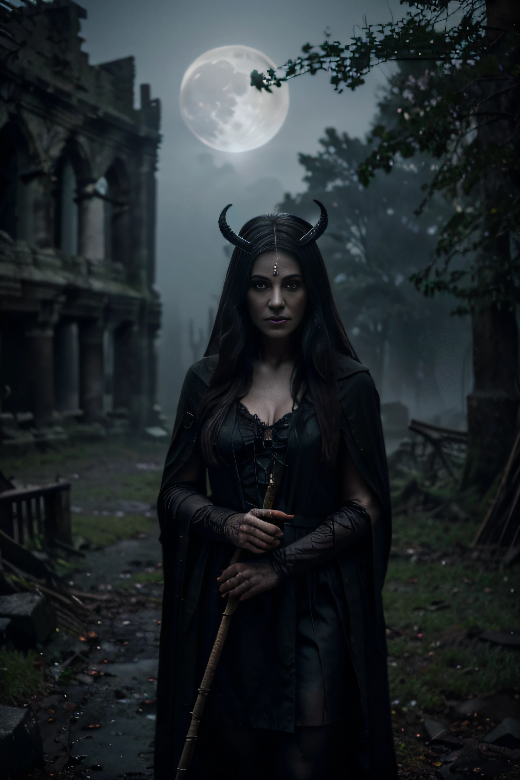 (best quality,4k,8k,highres,masterpiece:1.2),ultra-detailed,(realistic,photorealistic,photo-realistic:1.37),witch with horns on head, blood on face, ruins in background,dark and eerie atmosphere,cloak flowing in the wind,sharp focus,haunting colors,witch casting a spell,crows circling above,ancient symbols,moonlight illuminating the scene,ominous shadows,haunted forest,mysterious fog,creepy vines crawling up the ruins,occult artifacts,cracked stones and crumbling structures,witch holding a staff with glowing crystals,element of mystery,spooky ambiance,gloomy and desolate landscape,spider webs covering the ruins,full moon in the sky,witch with piercing gaze,intense and dramatic lighting,ominous presence,ethereal and otherworldly.