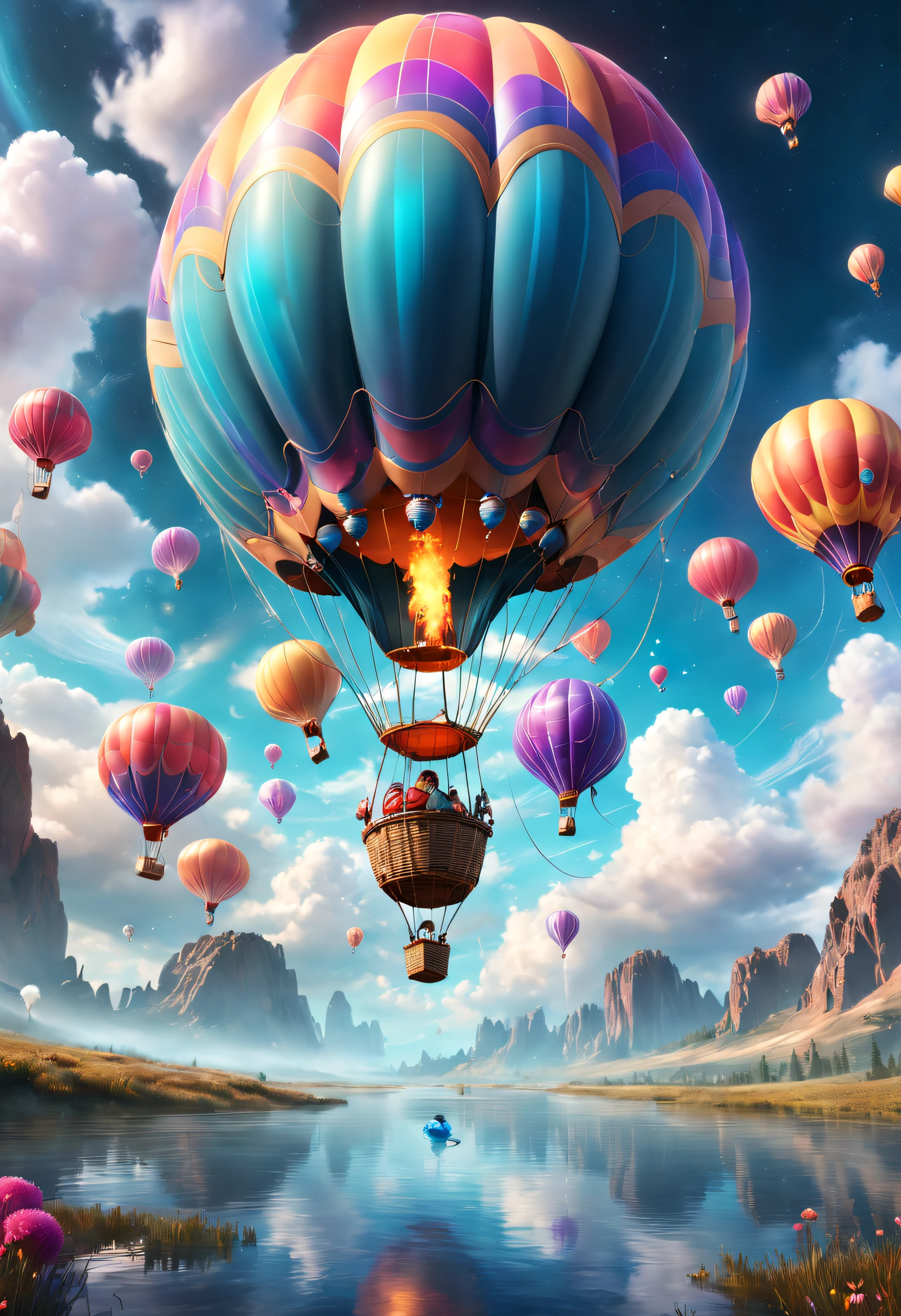 （（tmasterpiece，best qualtiy）），Beautiful 8K Ultra HD professional photos, Sharp focus, In a stunning fantasy world, A strange hot air balloon,Colorful,A hot air balloon in the shape of a cute jellyfish，In the clouds,beautiful sky,Surreal,Epic dreams,a fairy world,illustration,High quality,3D rendering of,Ultra-detailed,Photorealistic,Vibrant colors,Stunning lighting，anatomy correct，Interstellar，Endless space，ssee-through，depth of fields，Magnificent space image scene