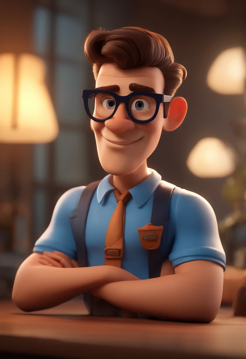 Cartoon character of a man with black glasses and a blue shirt, animation character, Caractere estilizado, animation style rendering, 3D estilizado, Arnold Maya render, 3 d render stylized, toon render keyshot, Personagem 3D, Personagem 3D, 3d rendering stylized, 3 d character render, personagem de desenho animado, Personagem de close up, Pose de personagem, (Estilo Pixar) (master part:1.2) (Bokeh) (best quality) (pele detalhada) (textura detalhada) (8k) (argila) (Cinematic lighting) (foco nítido