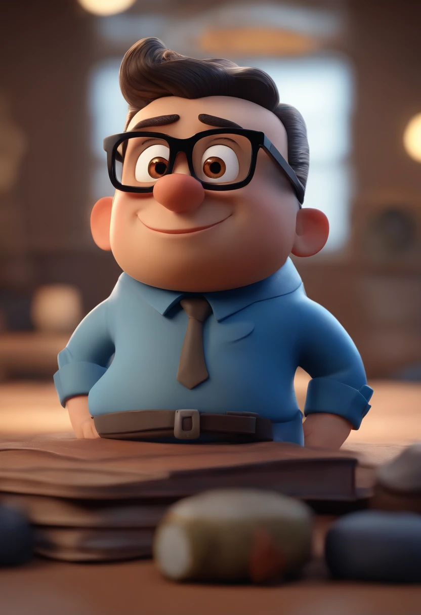 Cartoon character of a man wearing black glasses and a blue shirt, um personagem animado, Caractere estilizado, animation style rendering, 3D estilizado, Arnold Maya render, 3 d render stylized, toon render keyshot, Personagem 3D, Personagem 3D, 3d rendering stylized, 3 d character render, personagem de desenho animado, Personagem de close up, Pose de personagem, (Estilo Pixar) (master part:1.2) (Bokeh) (best quality) (pele detalhada) (textura detalhada) (8k) (argila) (Cinematic lighting) (foco nítido,Senta e vaza a parte superior do corpo
