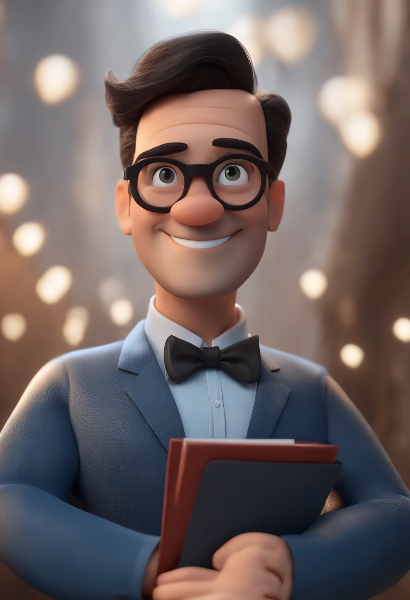 Cartoon character of a man wearing black glasses and a blue shirt, um personagem animado, Caractere estilizado, animation style rendering, 3D estilizado, Arnold Maya render, 3 d render stylized, toon render keyshot, Personagem 3D, Personagem 3D, 3d rendering stylized, 3 d character render, personagem de desenho animado, Personagem de close up, Pose de personagem, (Estilo Pixar) (master part:1.2) (Bokeh) (best quality) (pele detalhada) (textura detalhada) (8k) (argila) (Cinematic lighting) (foco nítido,Senta e vaza a parte superior do corpo