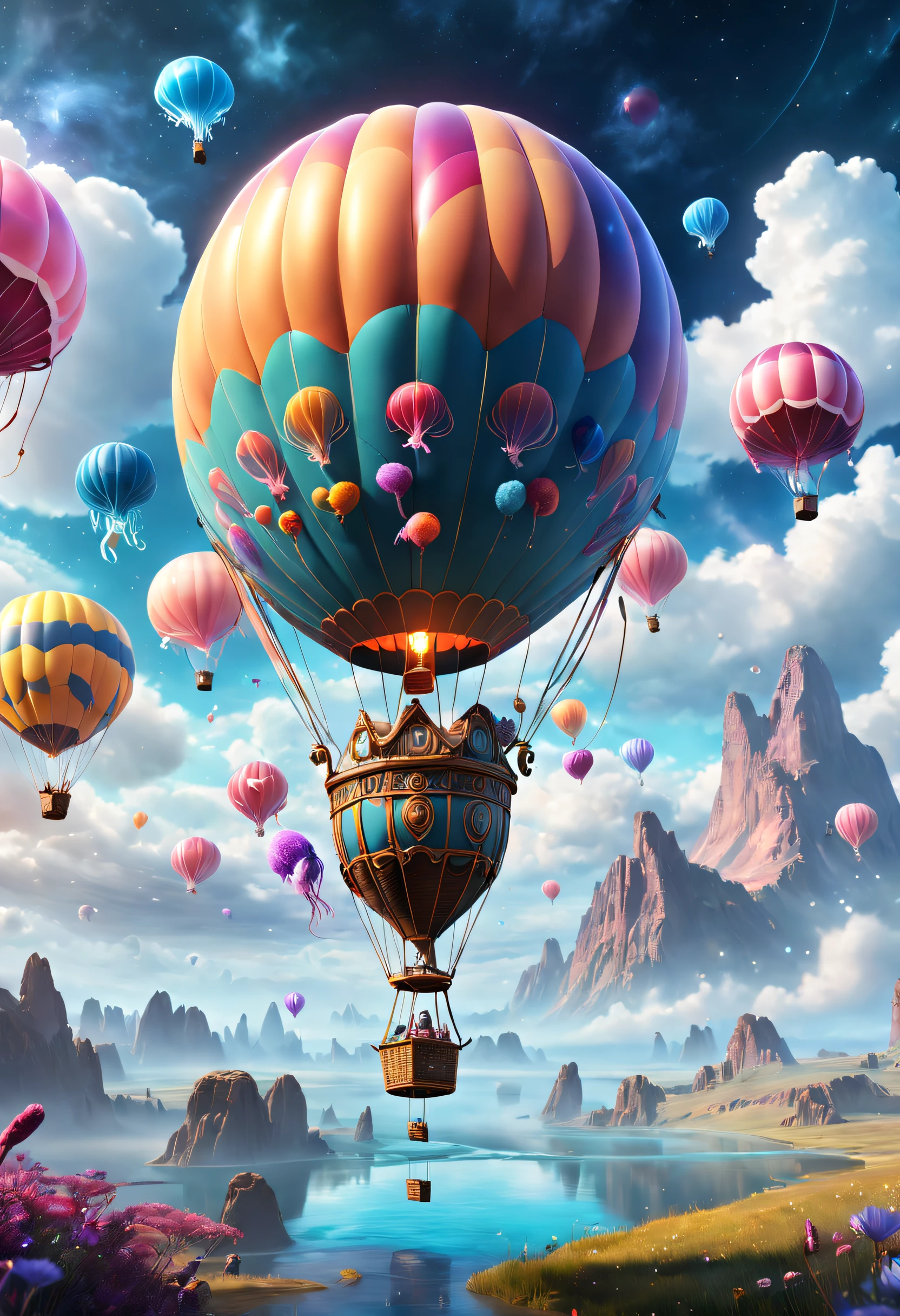 ((tmasterpiece,best qualtiy)),Beautiful 8K Ultra HD professional photos, Sharp focus, In a stunning fantasy world, A strange hot air balloon,Colorful,A hot air balloon in the shape of a cute jellyfish,In the clouds,beautiful sky,Surreal,Epic dreams,a fairy world,illustration,High quality,3D rendering of,Ultra-detailed,Photorealistic,Vibrant colors,Stunning lighting,??????? correct,Interstellar,Endless space,ssee-through,depth of fields,Magnificent space image scene