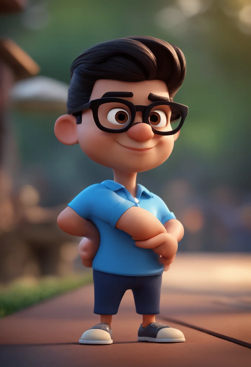 Cartoon character of a man with black glasses and a blue shirt, animation character, Caractere estilizado, animation style rendering, 3D estilizado, Arnold Maya render, 3 d render stylized, toon render keyshot, Personagem 3D, Personagem 3D, 3d rendering stylized, 3 d character render, personagem de desenho animado, Personagem de close up, Pose de personagem, (Estilo Pixar) (master part:1.2) (Bokeh) (best quality) (pele detalhada) (textura detalhada) (8k) (argila) (Cinematic lighting) (foco nítido