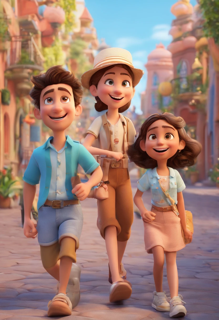 Cartoon of friends having fun on vacation together,  3D Animation Movie Poster, Poster de filme animado, pixar 3 d animation style, pixar renderman rendering, maia 8 mil, animated film, Disney Pixar Estilo 3D, amigos felizes saem juntos, all wearing light blue shirts and cream brown long pants, camisa azul clara, cream brown pants, ao ar livre, vacation, Disney Pixar Animation Poster