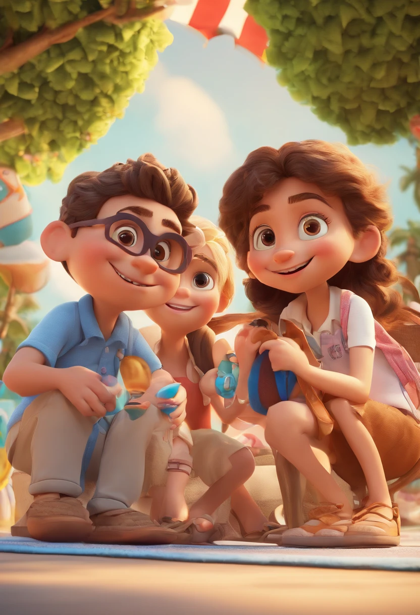 Cartoon of friends having fun on vacation together,  3D Animation Movie Poster, Poster de filme animado, pixar 3 d animation style, pixar renderman rendering, maia 8 mil, animated film, Disney Pixar Estilo 3D, amigos felizes saem juntos, all wearing light blue shirts and cream brown long pants, camisa azul clara, cream brown pants, ao ar livre, vacation, Disney Pixar Animation Poster