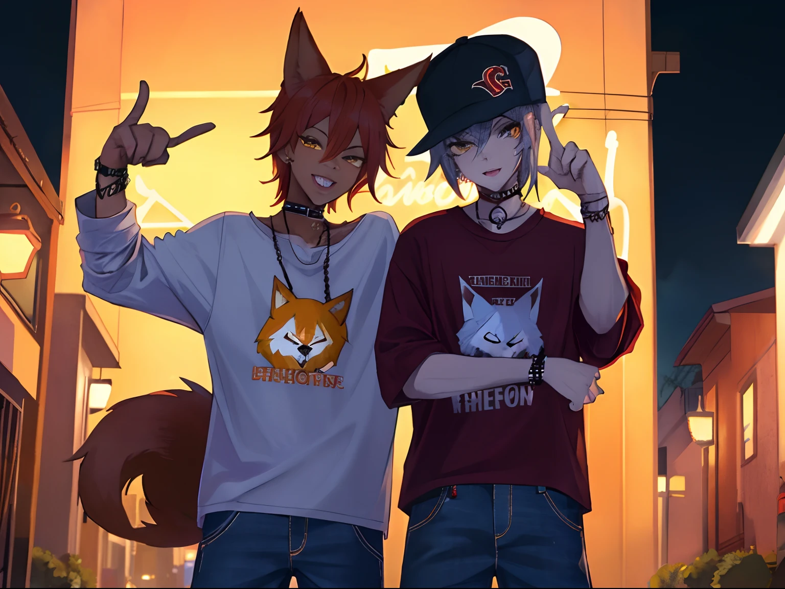 Two gangster foxes with baggy jeans and plaid shirts throwing up gang signs under a streetlight at night in a ghetto neighborhood