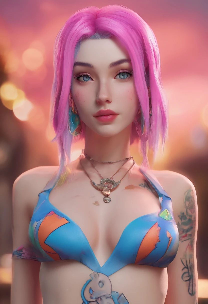 Jinx is a slender, sinewy, and white-skinned woman. She wears common punk street fashion typical for Zaunite youth. Her most noticeable features are her tattoos of stylized clouds, pink eyes, and really long blue hair that almost reaches to the ground