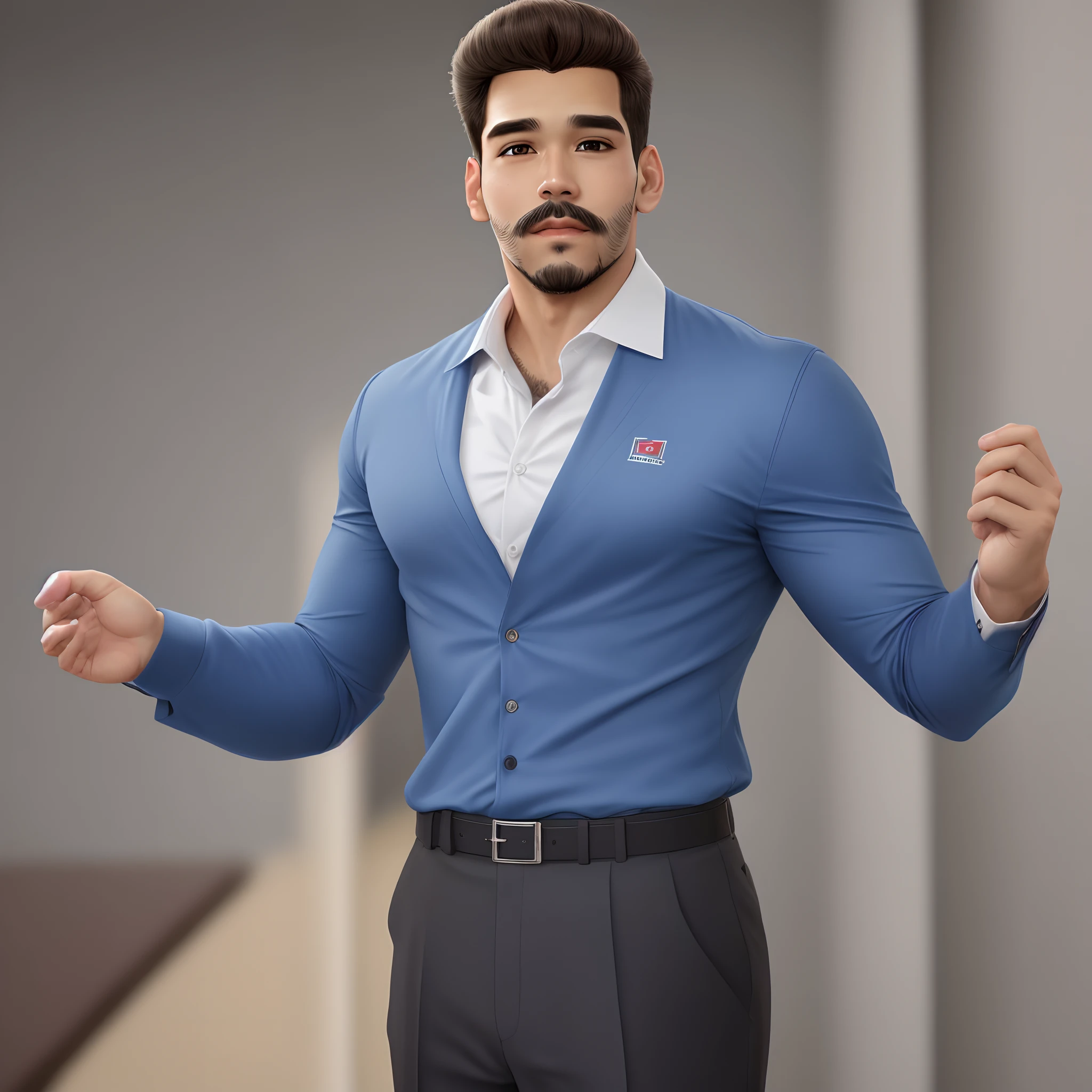 realista, (absurdres, highres, ultra detalhado), 1 macho, solo, maduro, alto, ombros largos, bonito, cabelo muito curto, cabelo preto, pomada, olhos castanhos, angular jaw, thick neck, sobrancelhas grossas, office background, terno formal azul marinho, camisa branca, gravata xadrez vermelha, parte superior do corpo