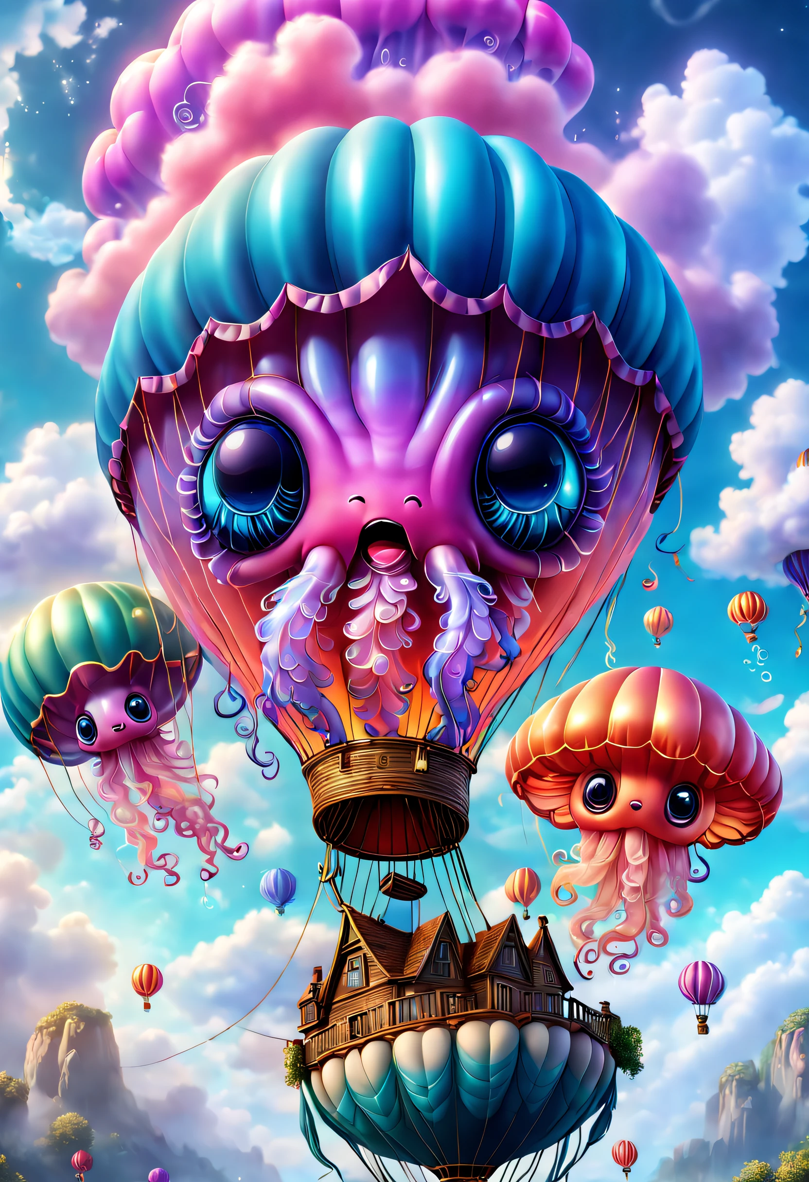 A strange hot air balloon,Colorful,A hot air balloon in the shape of a cute jellyfish,In the clouds,beautiful sky,Surreal,Epic dreams,a fairy world,illustration,High quality,3D rendering of,Ultra-detailed,Photorealistic,Vibrant colors,Stunning lighting