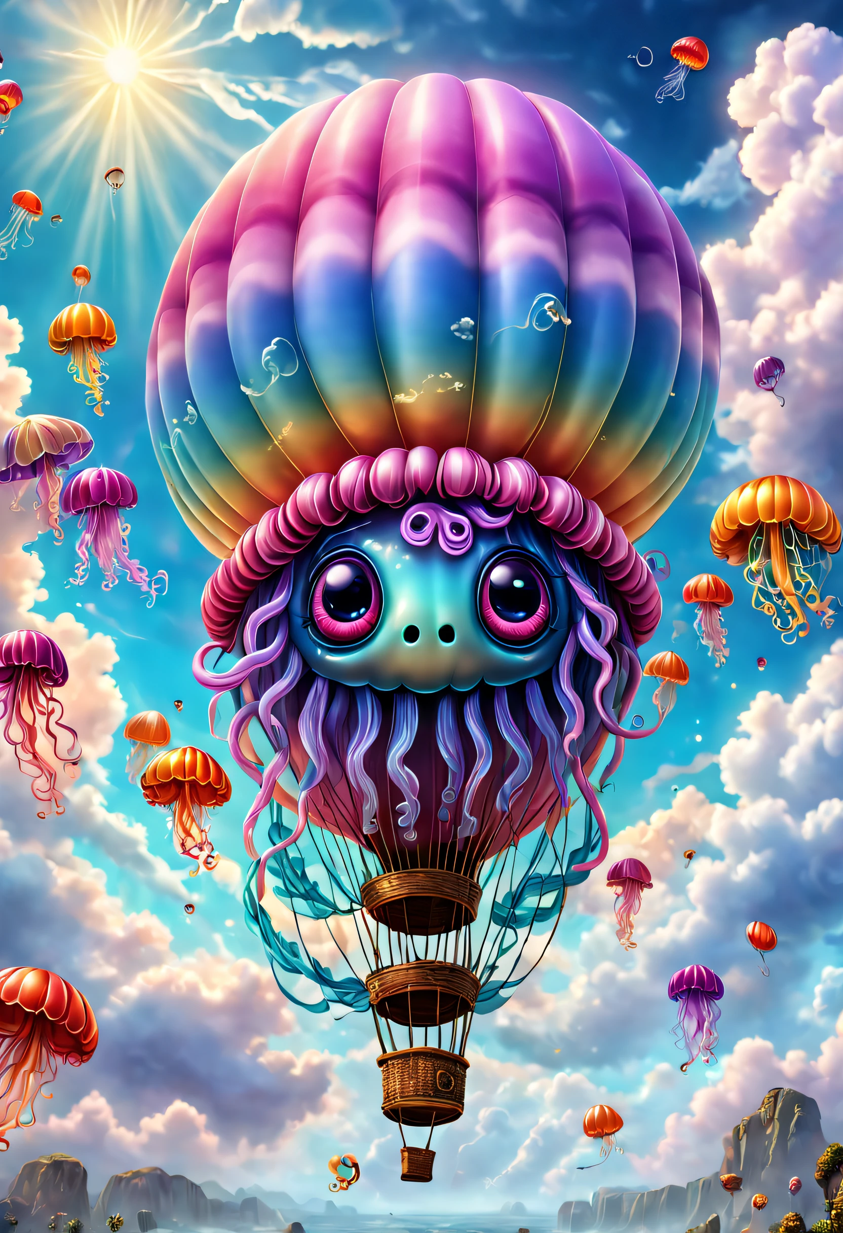 A strange hot air balloon,Colorful,A hot air balloon in the shape of a cute jellyfish，In the clouds,beautiful sky,Surreal,Epic dreams,a fairy world,illustration,High quality,3D rendering of,Ultra-detailed,Photorealistic,Vibrant colors,Stunning lighting