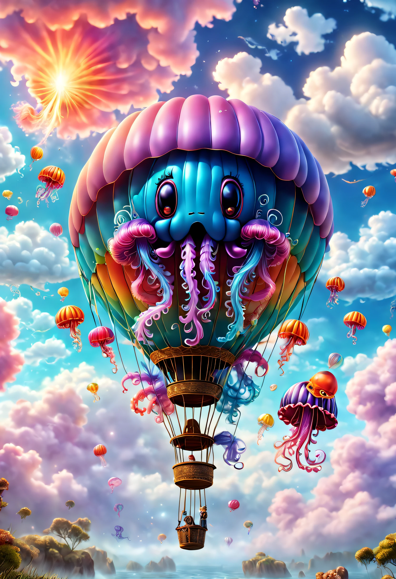 A strange hot air balloon,Colorful,A hot air balloon in the shape of a cute jellyfish，In the clouds,beautiful sky,Surreal,Epic dreams,a fairy world,illustration,High quality,3D rendering of,Ultra-detailed,Photorealistic,Vibrant colors,Stunning lighting