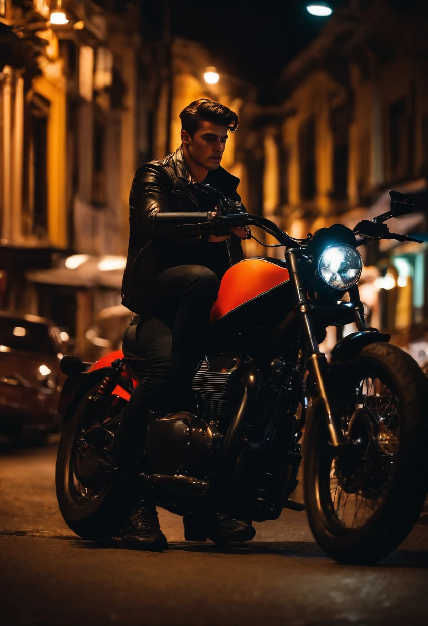 Bad boy de 18 anos, gostoso em sua moto preta na rua de uma cidade grande em frente a um bar