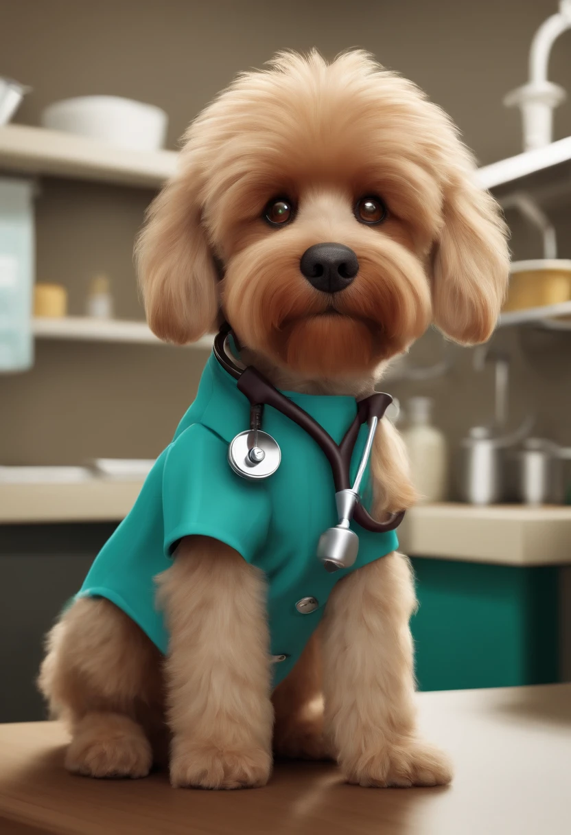 Create a pixar-style character homem veterinário veterinarian using scrubs and a stethoscope, segurando um frasco de medicamento de cannabis, com cabelos curtos, olhos castanhos, com cachorro e gato com ela