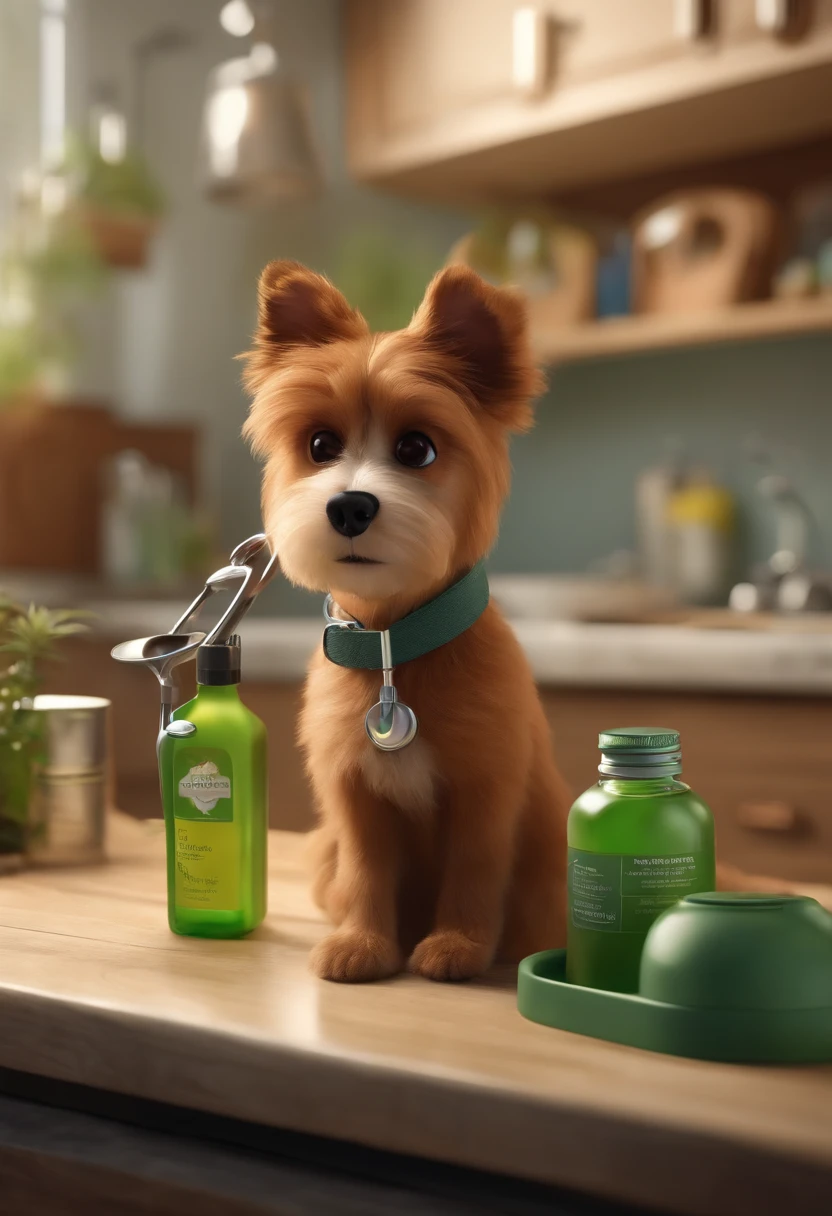 Create a pixar-style character homem veterinário veterinarian using scrubs and a stethoscope, segurando um frasco de medicamento de cannabis, com cabelos curtos, olhos castanhos, com cachorro e gato com ela