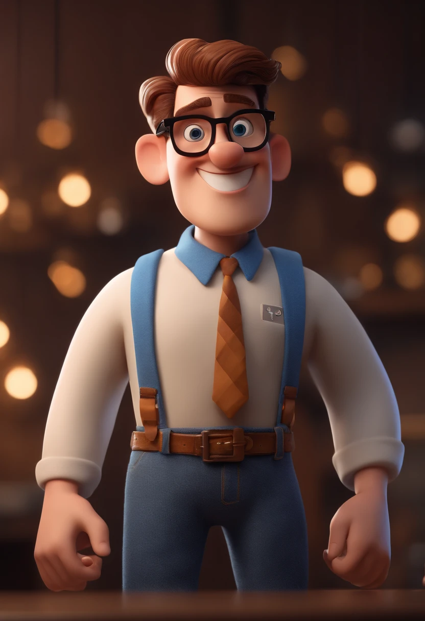 Cartoon character of a man with black glasses and a blue shirt, animation character, Caractere estilizado, animation style rendering, 3D estilizado, Arnold Maya render, 3 d render stylized, toon render keyshot, Personagem 3D, Personagem 3D, 3d rendering stylized, 3 d character render, personagem de desenho animado, Personagem de close up, Pose de personagem,  (Estilo Pixar) (master part:1.2) (Bokeh) (best quality) (pele detalhada) (textura detalhada) (8k) (argila) (Cinematic lighting) (foco nítido