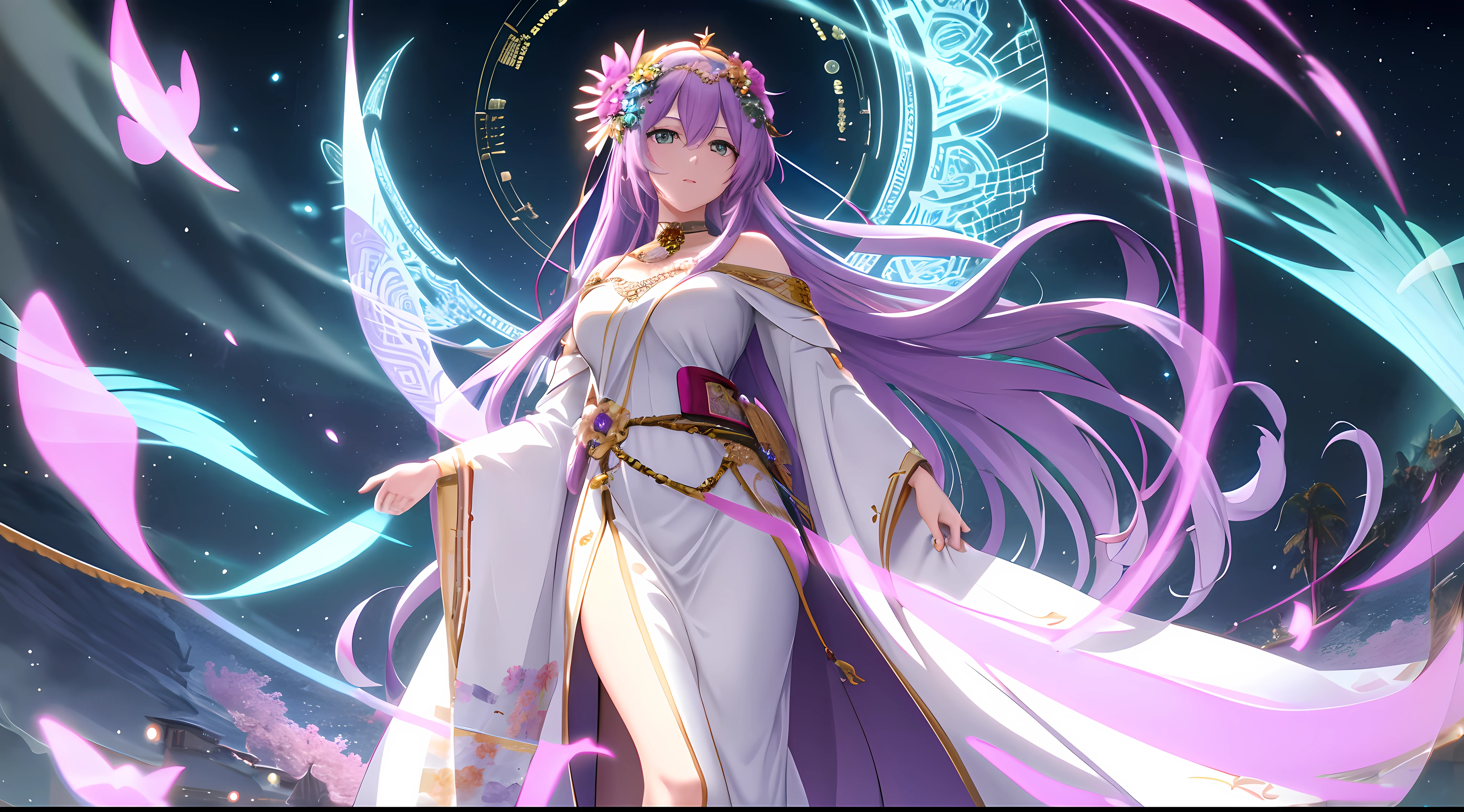 Athena with plain long light purple hair,hair between eyes,green eyes,rosy cheeks,full lips,thin eyebrows,slender body,wearing flowers robe and full long skirt,praying beads on neck,cute anime girl,full body,cosmic flowers in background,anime style,Lumen Reflections,Screen Space Reflections,Diffraction Grading,Chromatic Aberration,GB Displacement,Scan Lines,Ray Traced,Anti-Aliasing,FXAA,TXAA,RTX,SSAO,Shaders,OpenGL-Shaders, GLSL-Shaders,Post Processing,Post-Production,cell Shading,Tone Mapping,CGI,VFX,SFX,insanely detailed and intricate, 4K,standing, solo, masterpiece, best quality, detailed face, detailed eyes, highres, standing, solo,masterpiece, best quality