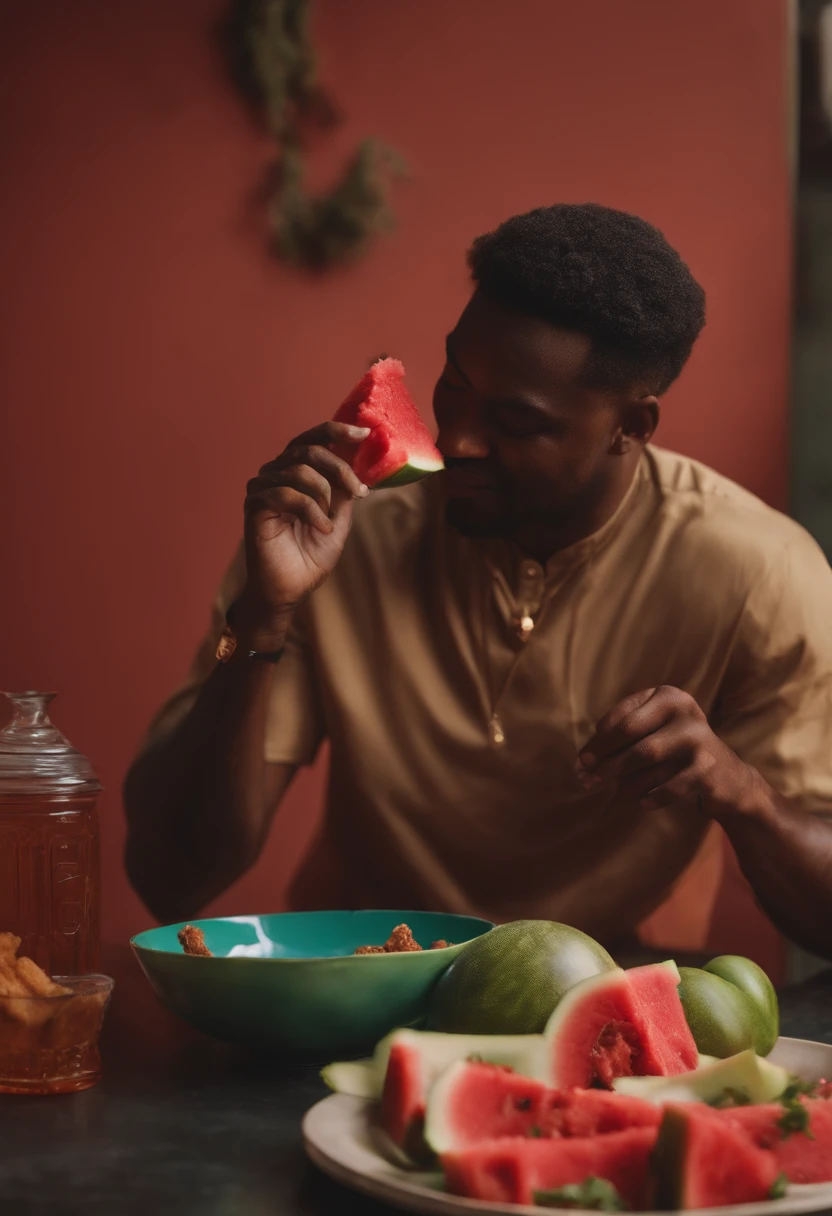 Black dude eating watermelon and fried chicken
