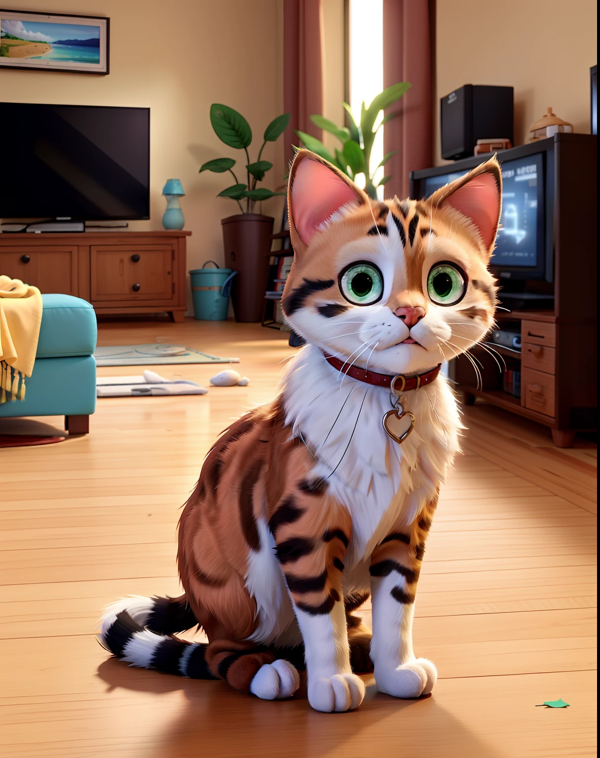 Mixed-breed cat standing in front of television, In a room with a messy bed