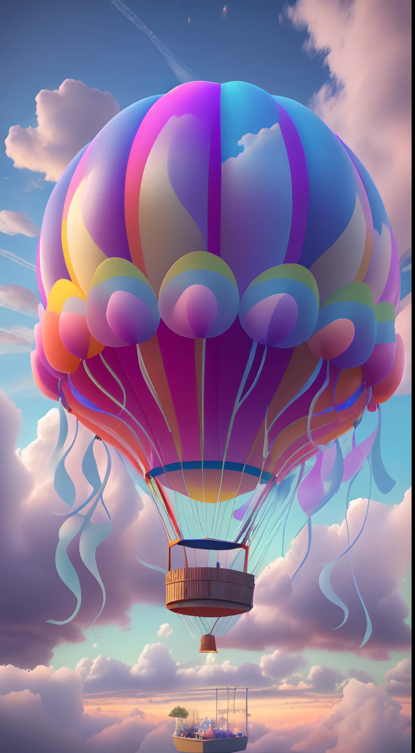 A strange hot air balloon,Colorful,A hot air balloon in the shape of a cute jellyfish，In the clouds,beautiful sky,Surreal,Epic dreams,a fairy world,illustration,High quality,3D rendering of,Ultra-detailed,Photorealistic,Vibrant colors,Stunning lighting