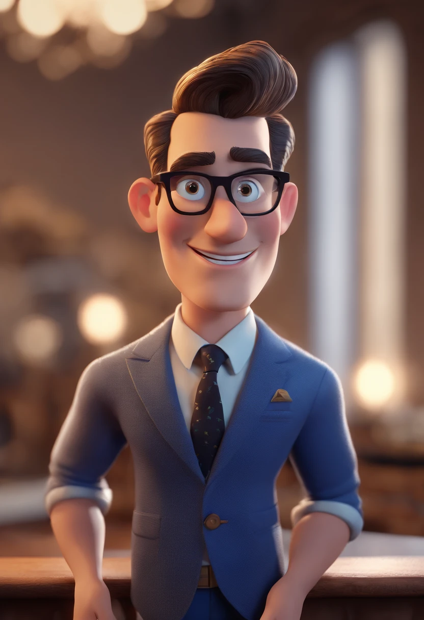 Cartoon character of a man with black glasses and a blue shirt, animation character, Caractere estilizado, animation style rendering, 3D estilizado, Arnold Maya render, 3 d render stylized, toon render keyshot, Personagem 3D, Personagem 3D, 3d rendering stylized, 3 d character render, personagem de desenho animado, Personagem de close up, Pose de personagem, (Estilo Pixar) (master part:1.2) (Bokeh) (best quality) (pele detalhada) (textura detalhada) (8k) (argila) (Cinematic lighting) (foco nítido