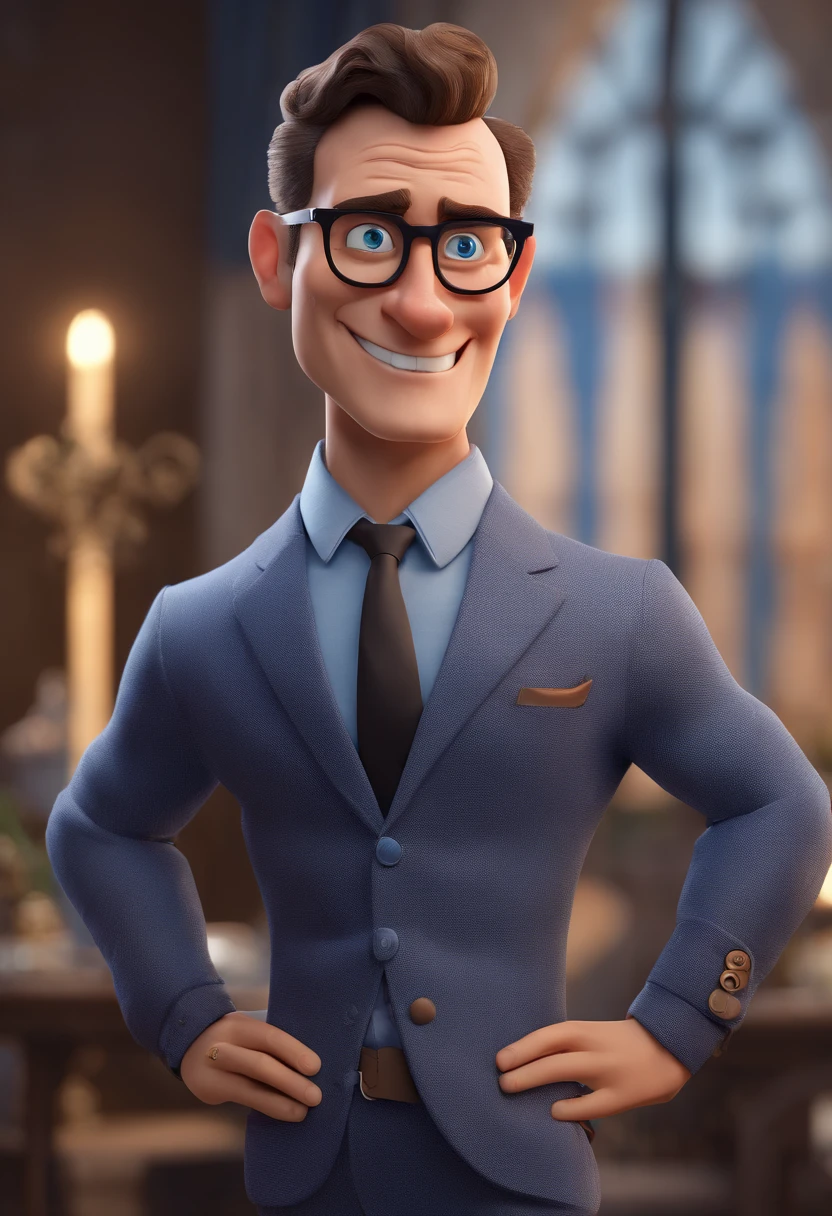 Cartoon character of a man with black glasses and a blue shirt, animation character, Caractere estilizado, animation style rendering, 3D estilizado, Arnold Maya render, 3 d render stylized, toon render keyshot, Personagem 3D, Personagem 3D, 3d rendering stylized, 3 d character render, personagem de desenho animado, Personagem de close up, Pose de personagem, (Estilo Pixar) (master part:1.2) (Bokeh) (best quality) (pele detalhada) (textura detalhada) (8k) (argila) (Cinematic lighting) (foco nítido