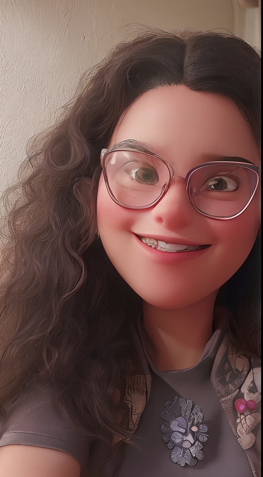 Smiling woman in glasses, cabelo cacheado, adicionar efeito pixar disney, olhos alta qualidade