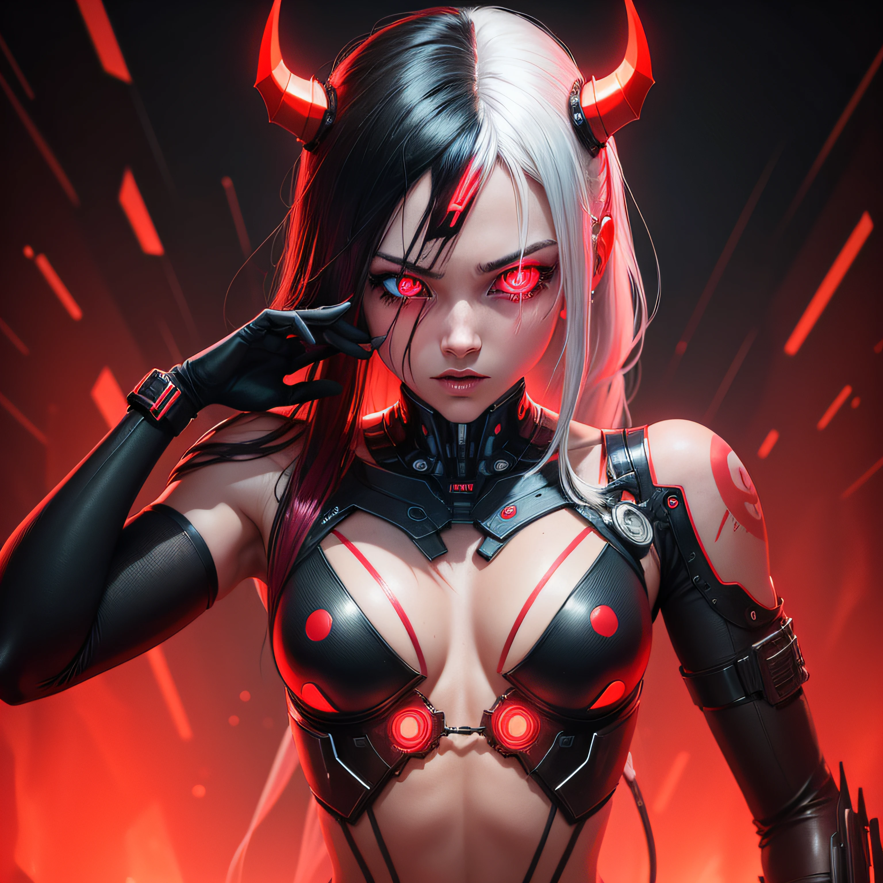 anime brazilian brain sick horror cover cyborg half demon creative background with neon red colors