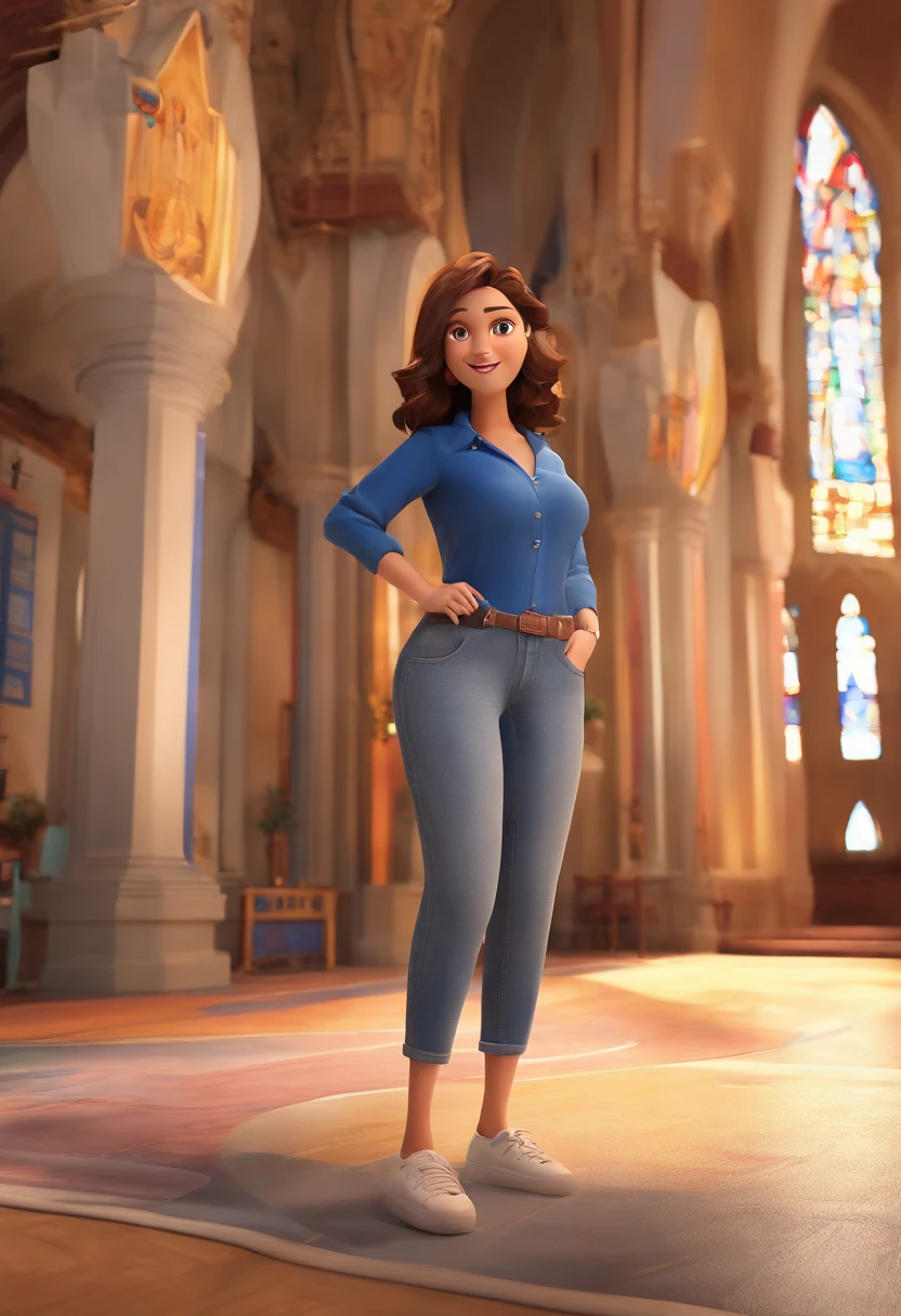 Pixar poster of chubby woman with brown curly hair with highlights, olhos castanhos quase fechados, usando camiseta azul marinho com a palavra AVIVADAS escrita na cor dourada, Denim Jeans Pants, brincos dourados, singing in the church near the statue of Our Lady of Grace