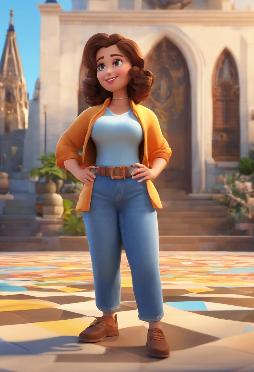 Pixar poster of chubby woman with brown curly hair with highlights, olhos castanhos quase fechados, usando camiseta azul marinho com a palavra AVIVADAS escrita na cor dourada, Denim Jeans Pants, brincos dourados, singing in the church near the statue of Our Lady of Grace