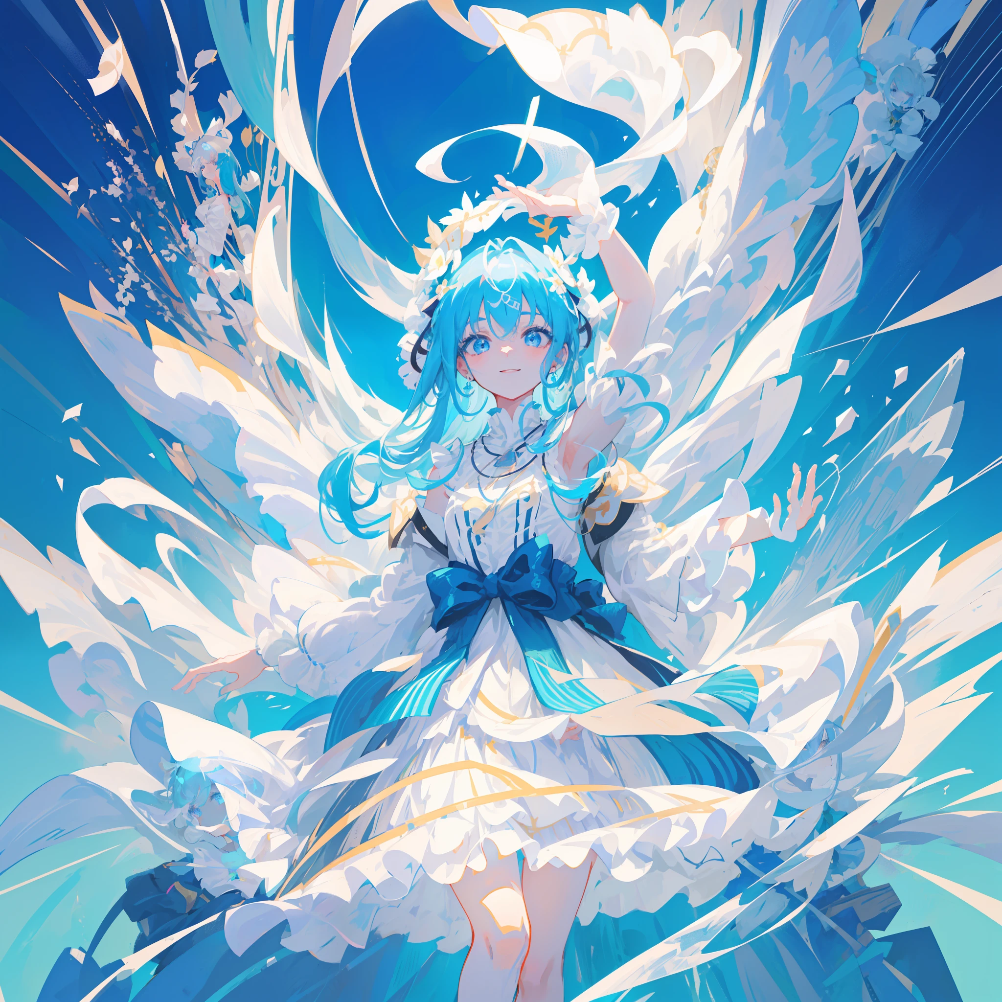 (((巨作))),(((best qualtiy))),((Ultra-detailed)),(illustration),((anextremelydelicateandbeautiful)),(beatiful detailed eyes),(detailedlight) (1girll), 独奏 , Floating_Hair,glowing light eyes,lightblue hair,eBlue eyes, double tails, Light blue sky background,Light blue Christian monument background,White panty hose,Cross necklace,Smile with (Anime style), Beautiful and delicate face,(cute face:1.3),(largeeyes:1.2),(Priestly Maiden Costume),Details installed,(Magic effects:1.3),Flowing skirt,(sheer cloth:1.2),Clear facial features