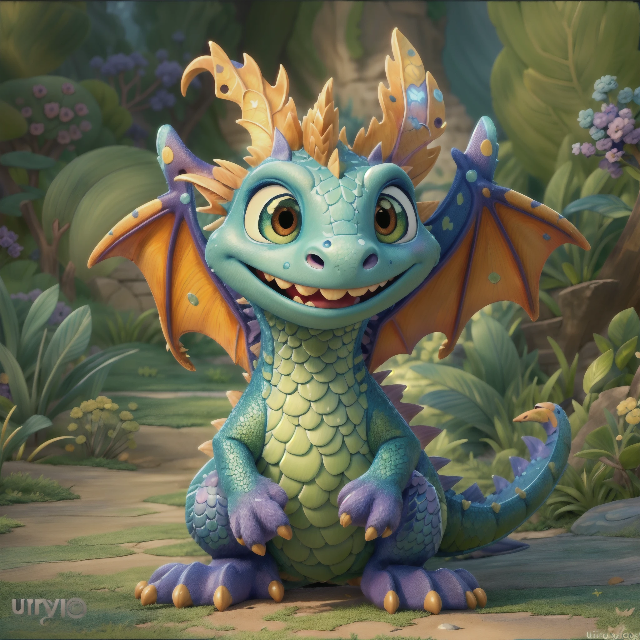 (best quality, highres, masterpiece:1.2), ultra-detailed, realistic, cute dragon in Pixar cartoon style, vibrant colors, dynamic lighting, magical atmosphere, detailed scales, expressive eyes, friendly smile, fluffy texture, adorable pose, whimsical background, playful interaction with other creatures, captivating composition, lively movement, enchanting storytelling, lively animation, joyful expression, captivating charm, imaginative scenery