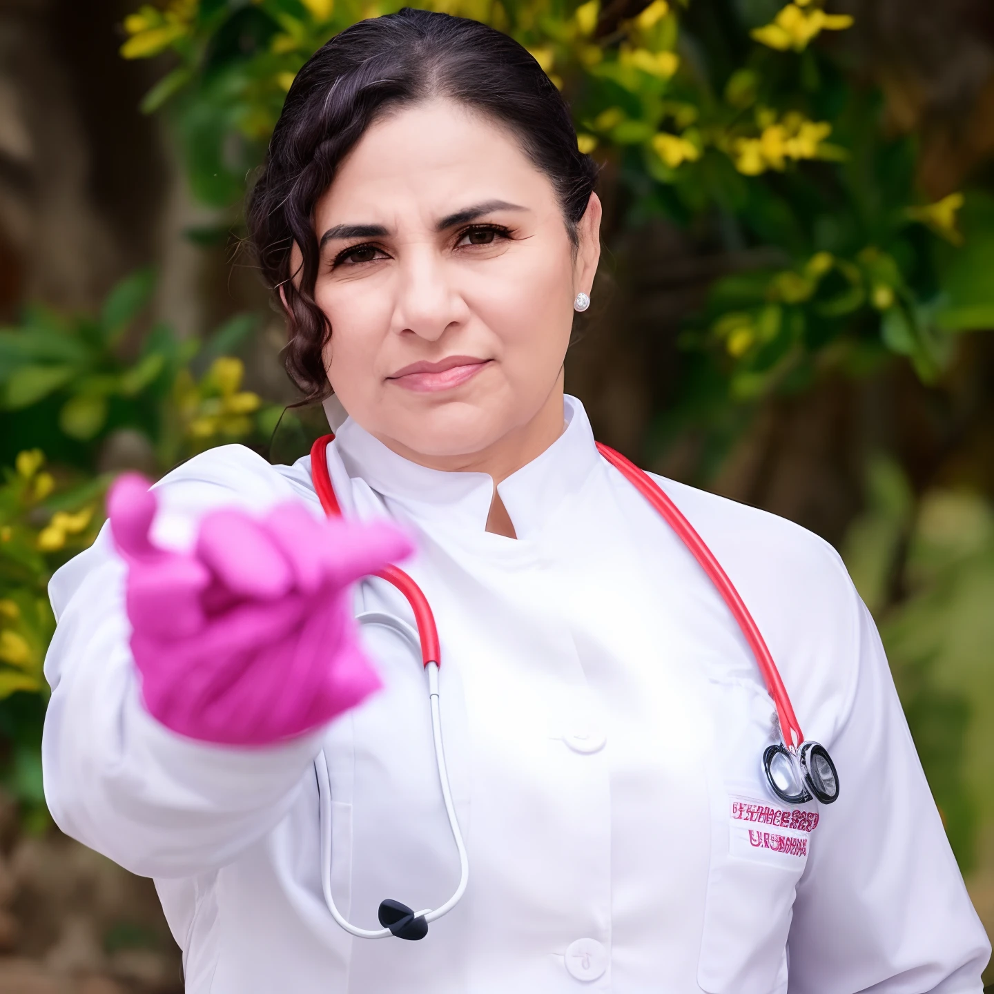mulher arafed em um casaco branco e luvas cor-de-rosa segurando um syssor, conspiracionista local, vestindo jaleco e blusa, com jaleco, segurando uma seringa!!, segurando seringa, segurando uma seringa, vestindo jaleco, segurando um caduceu, medic, vestindo um jaleco branco, usando jaleco