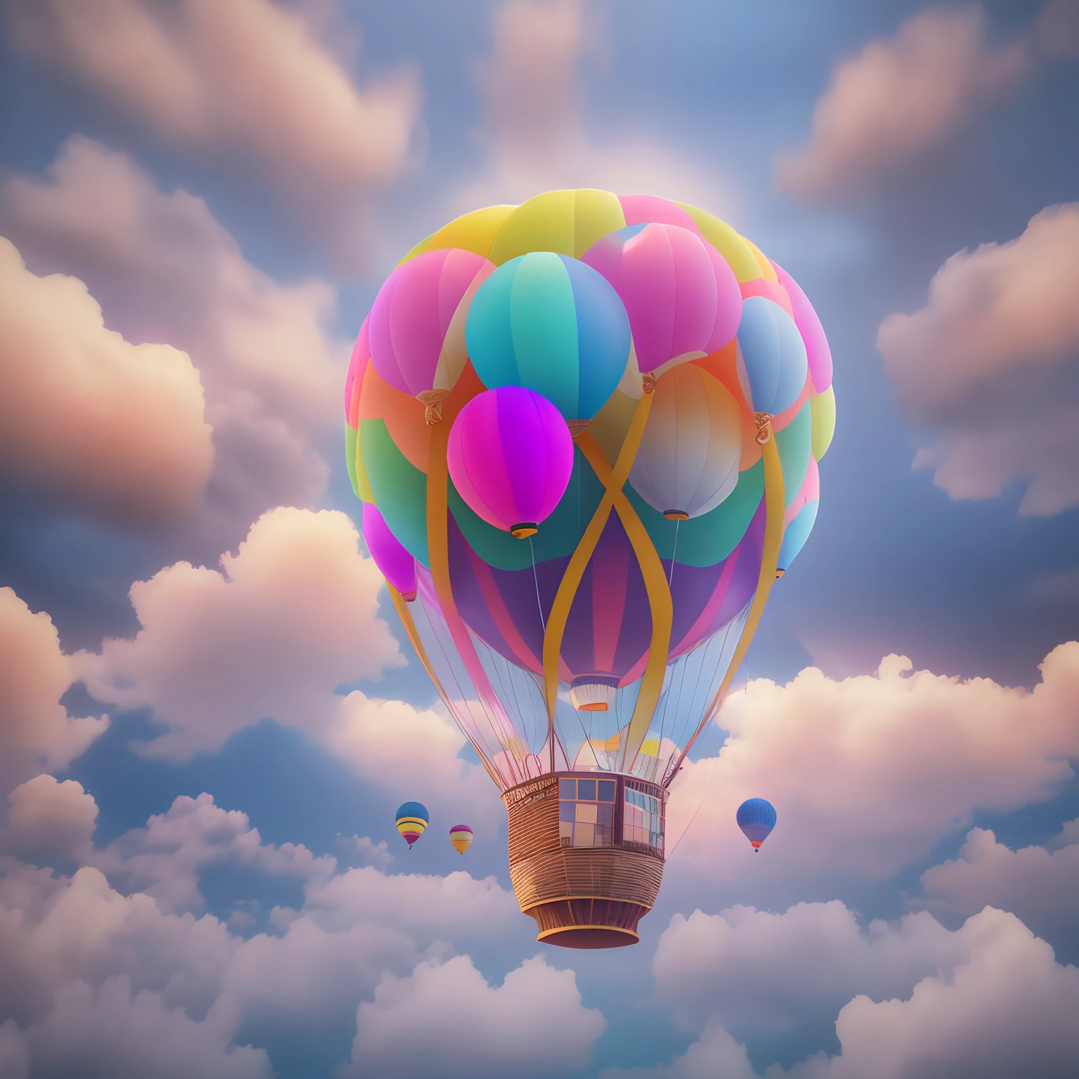 A strange hot air balloon,Colorful,A hot air balloon in the shape of a cute jellyfish,In the clouds,beautiful sky,Surreal,Epic dreams,a fairy world,illustration,High quality,3D rendering of,Ultra-detailed,Photorealistic,Vibrant colors,Stunning lighting
