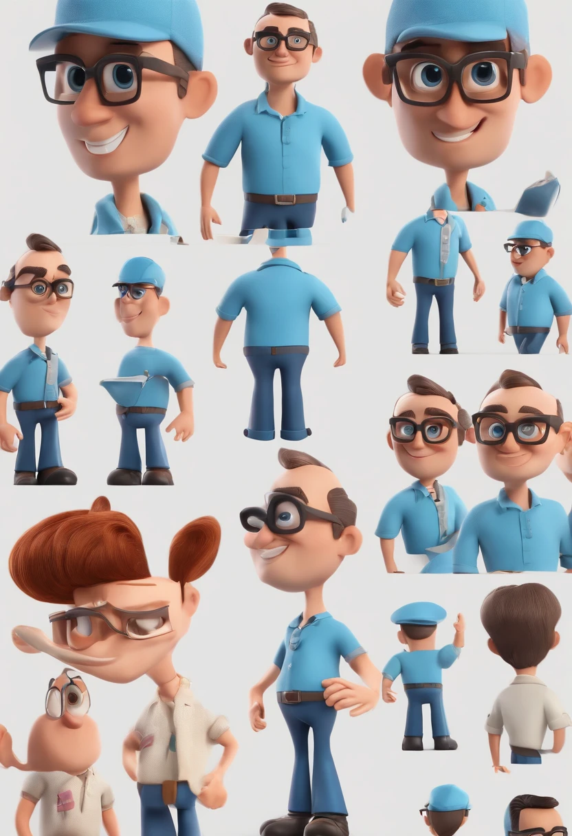 Cartoon character of a man with black glasses and a blue shirt, animation character, Caractere estilizado, animation style rendering, 3D estilizado, Arnold Maya render, 3 d render stylized, toon render keyshot, Personagem 3D, Personagem 3D, 3d rendering stylized, 3 d character render, personagem de desenho animado, Personagem de close up, Pose de personagem,  (Estilo Pixar) (master part:1.2) (Bokeh) (best quality) (pele detalhada) (textura detalhada) (8k) (argila) (Cinematic lighting) (foco nítido