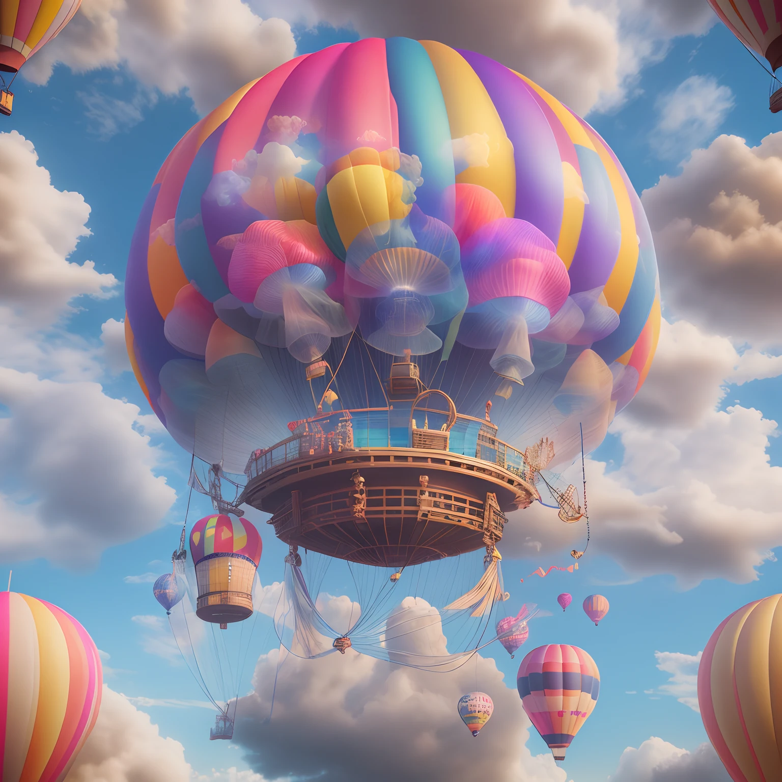 A strange hot air balloon,Colorful,A hot air balloon in the shape of a cute jellyfish，In the clouds,beautiful sky,Surreal,Epic dreams,a fairy world,illustration,High quality,3D rendering of,Ultra-detailed,Photorealistic,Vibrant colors,Stunning lighting